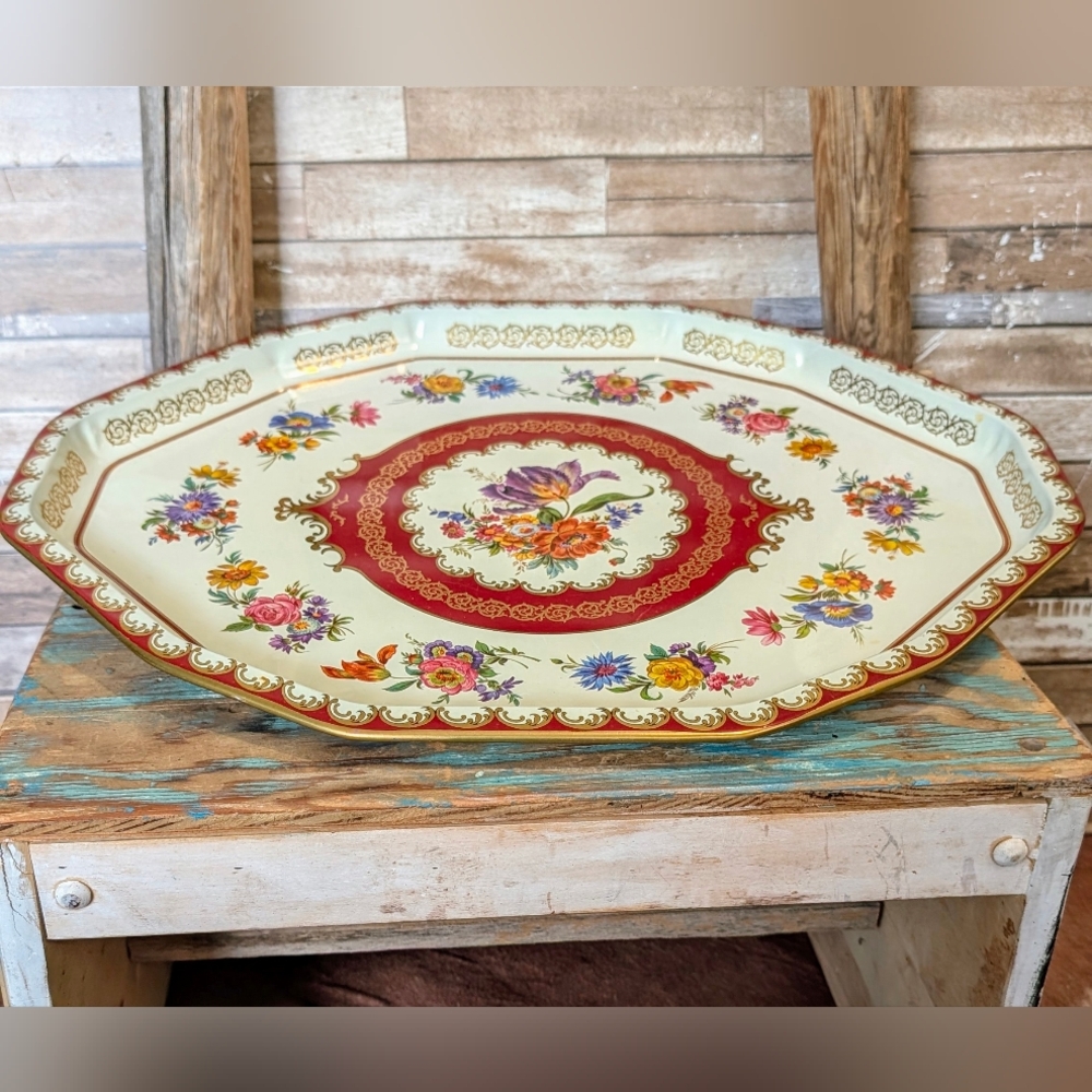 Daher Vintage Floral Tray with Red and Gold Details Tin Oval Serving Tray